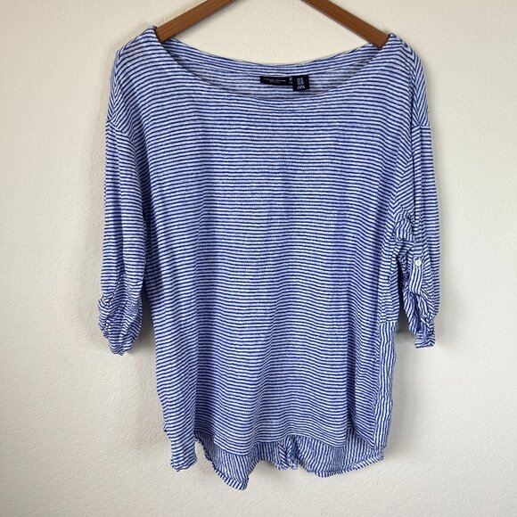 Adrienne Vittadini Top Womens 1X Plus Blue White Striped Linen Roll Tab Shirt - Picture 1 of 8